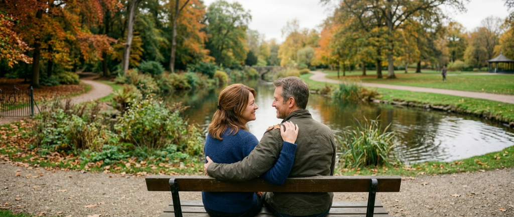 Couple sitting on a bench beside a river in an autumn park embracing and smiling